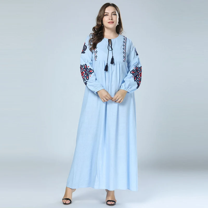 Большие размеры этнические Dtyle вышивка длинный рукав, мусульманский платье женское весеннее с круглым вырезом кисточкой длинное богемное