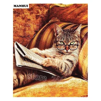 

Needlework DIY resin diamond painting full diamond embroidery Glasses Cat reading newspaper rhinestone pasted painting AA217