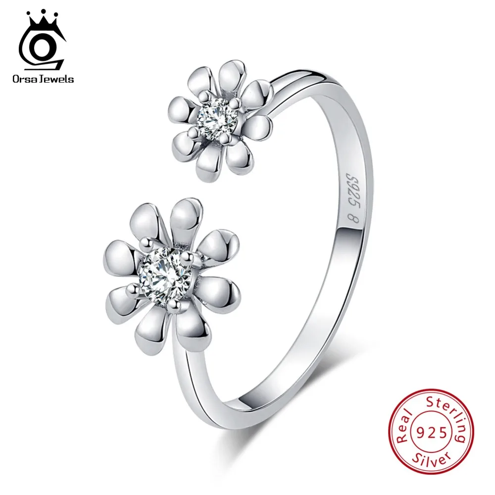 

ORSA JEWELS Genuine 925 Sterling Silver Flower Women Rings Adjustable With AAA Zircon Clear Crystal Finger Ring Jewelry OSR72