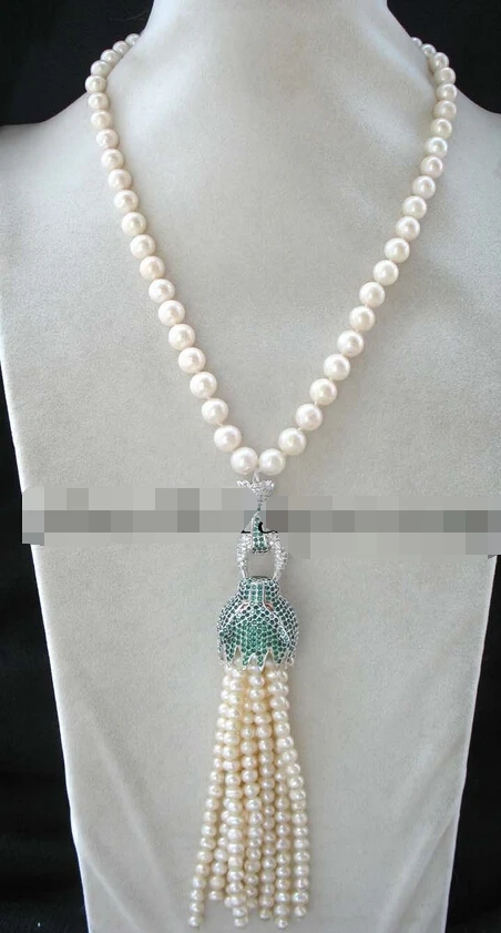 

~~ 11.25 freshwater pearl white round 9-10mm &green leopard necklace 18" Discount 35%