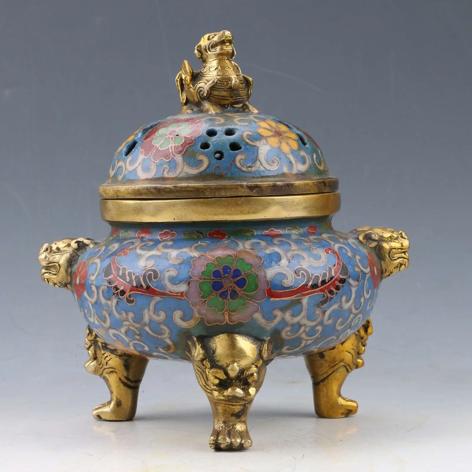 

Chinese Cloisonne Hand-carved Incense Burner & Lid Xuande Mark