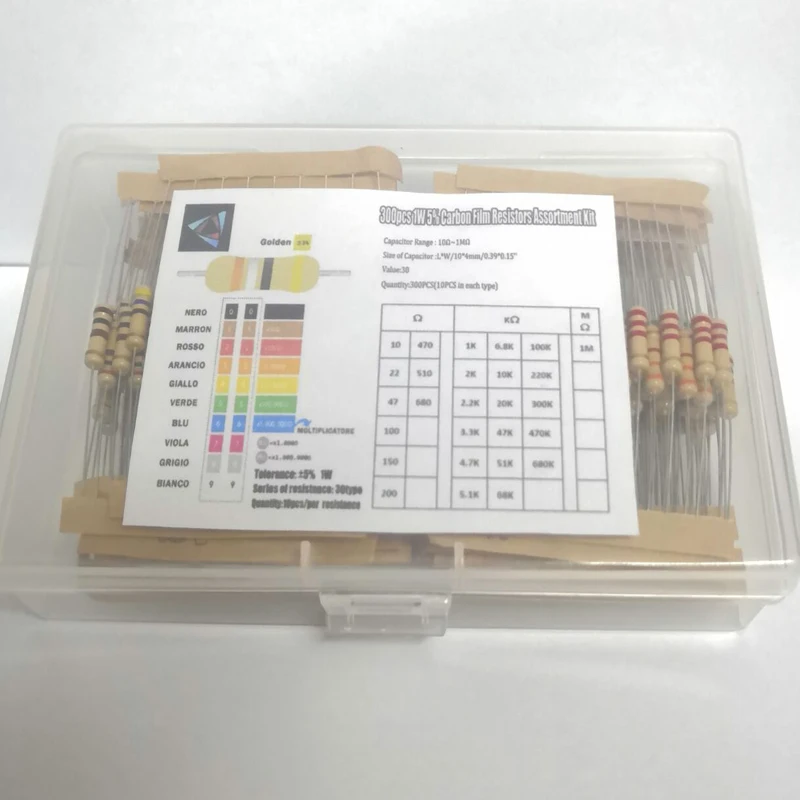 300PCS 1W 5% 10-1M Ohm 30 Values*10PCS Resistor Carbon Film Resistor Assorted Kit