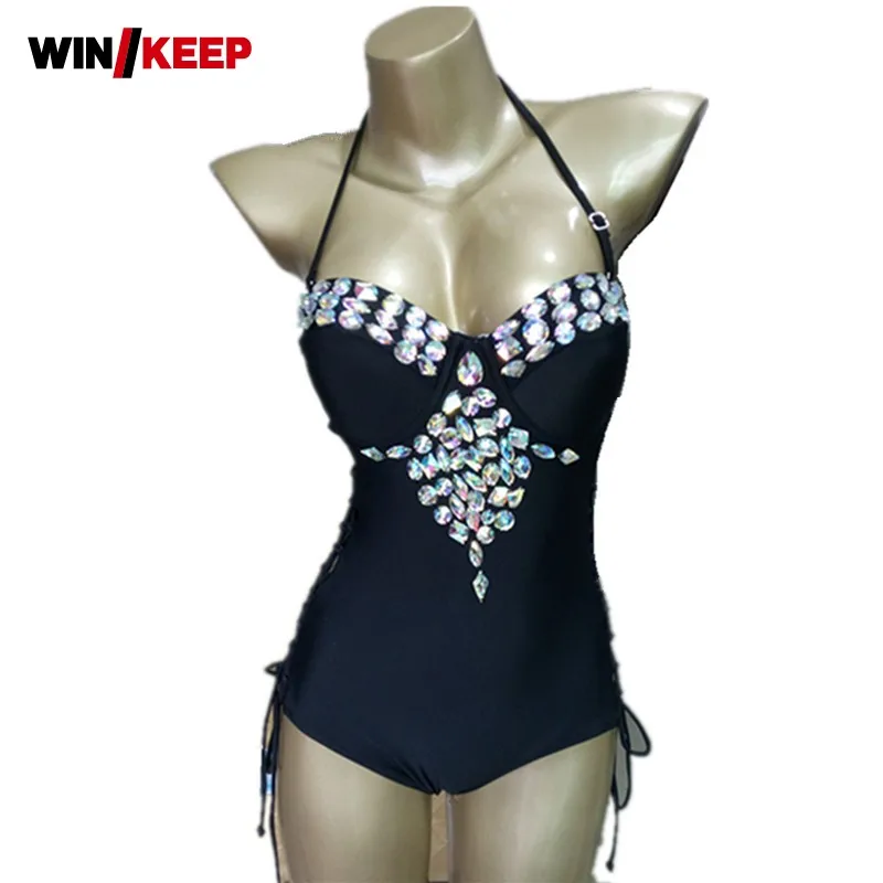 

Bling Bling Rhinestone Female 2019 Summer Bikini Set Sexy Bandage Swimming suit Backless One piece Swimwear Slim Waist Beachsuit