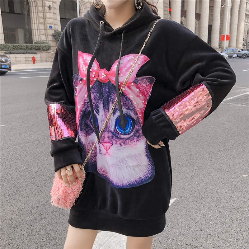 

Winter fashion new hooded drawstring heavy work patch embroidery long section long sleeve wild sweatshirts