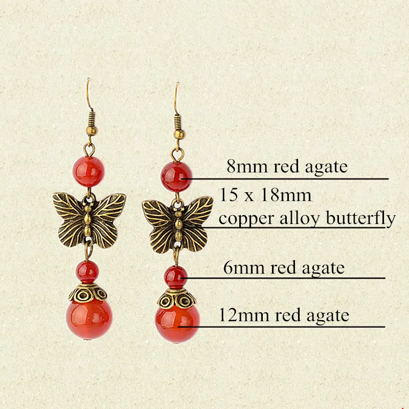 Yanting натуральные серьги с красным камнем для женщин, классические серьги-бабочки из древнего медного сплава, женские серьги, этнический подарок, 080