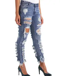 Hitmebox 2018 новый летний модные, пикантные Для женщин Уничтожено отверстия Ленточки Demins проблемных Повседневное Узкие рваные джинсы капри