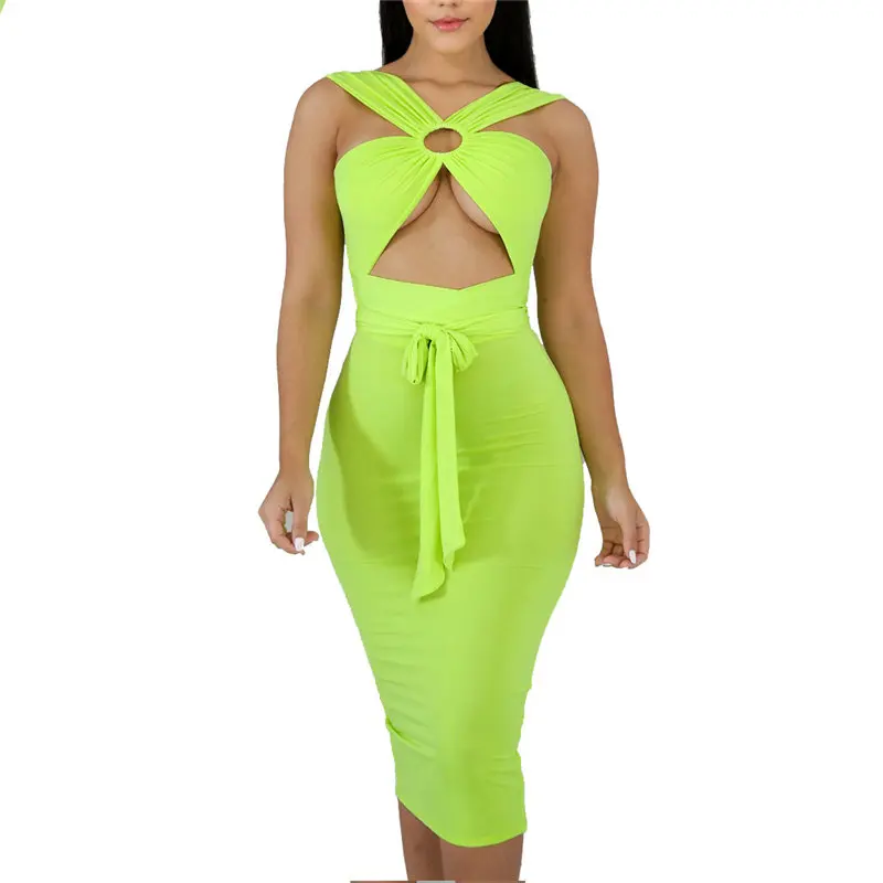 

2019 Women Sexy Bodycon Dress Neon Green Chic Sleeveless Bandage Dress Ladies Summer Night Club Mini Dresses