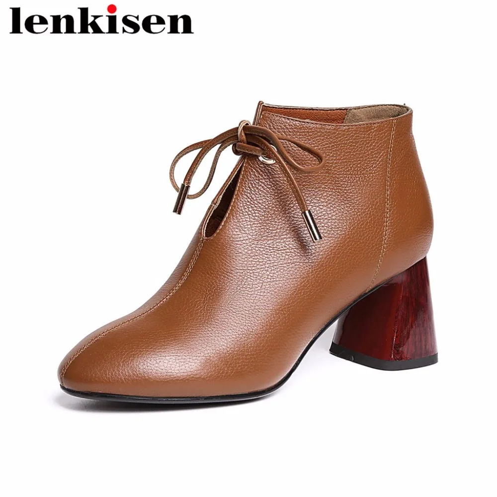 

Lenkisen european style vintage lace up round toe thick high heels natural leather high fashion mature women ankle boots L03