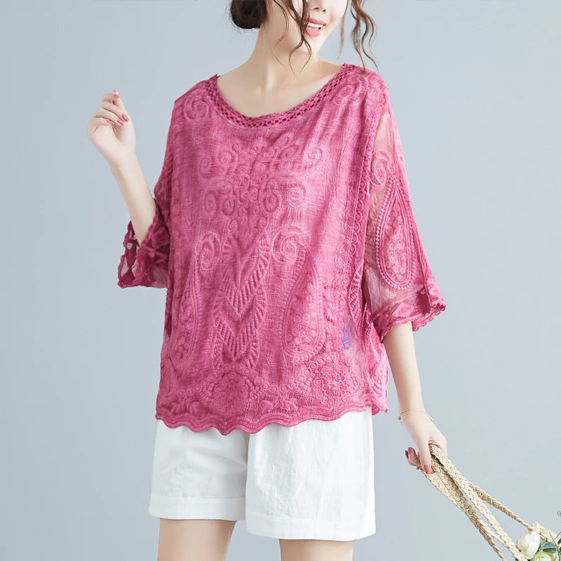 2019 Casual Loose 3/4 Sleeve O Neck Pink Lace T shirts Women Loose ...