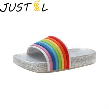 

JUSTSL boy girl LED jelly rainbow slipper kids beach shoes children glowing slippers please buy according to the internal length
