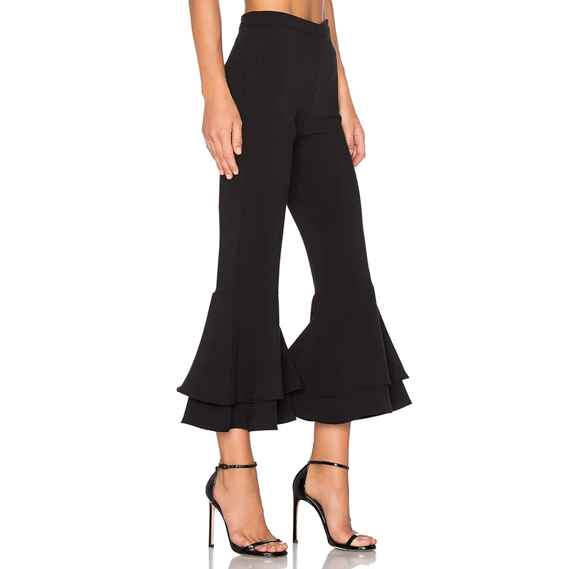 Hitam layered ruffle hem celana untuk 