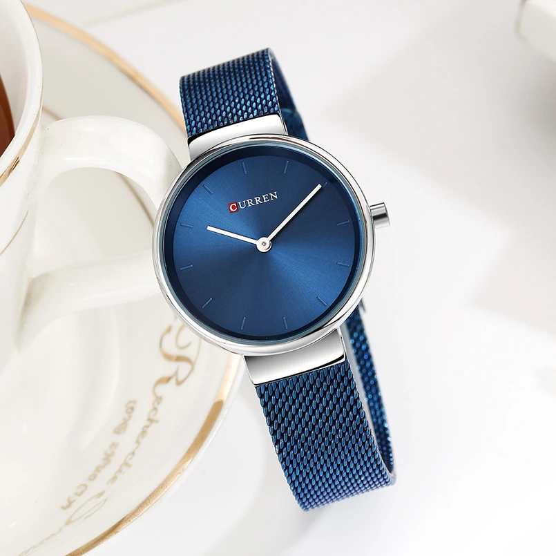 Curren женские часы простой синий циферблат кварцевые браслет из нержавеющей стали женские ультра тонкие часы женские наручные часы