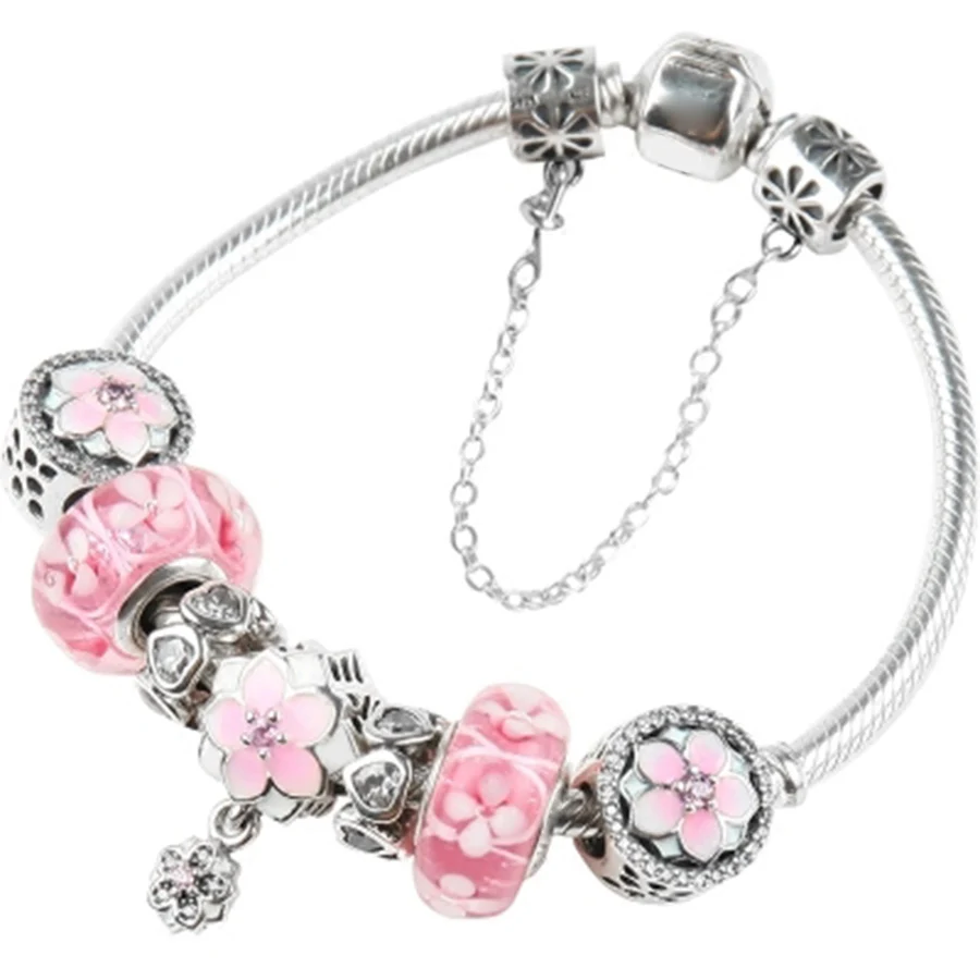 

NEW 100% 925 Sterling Silver Brand New 1:1 Genuine Elegant Flower Bracelet Set Charm Orchid Sakura Pink Glass Bracelet