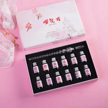 

12 Colors Ink Dip Glass Pen Ink With 1Pc Cherry Blossom Rain Fountain Dip Writing Signature Pen Art Supplies Gifts