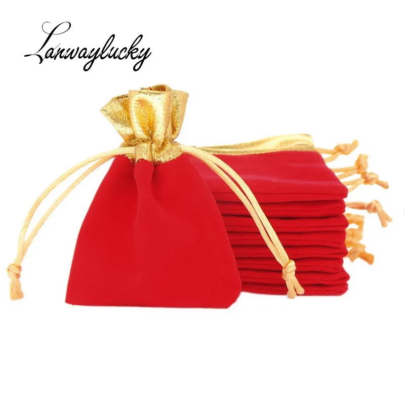 

12x15cm 50pcs/lot Velvet Drawstring Gifts Bags Gold Trim Candy Small Jewelry Pouches Wedding Christmas Party Favors Packing Bag