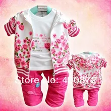 Комплекты одежды для маленьких девочек костюмы с принтами цветов розы, комплект повседневной детской одежды из 3 предметов, пальто, куртка с капюшоном+ длинные рубашки+ брюки