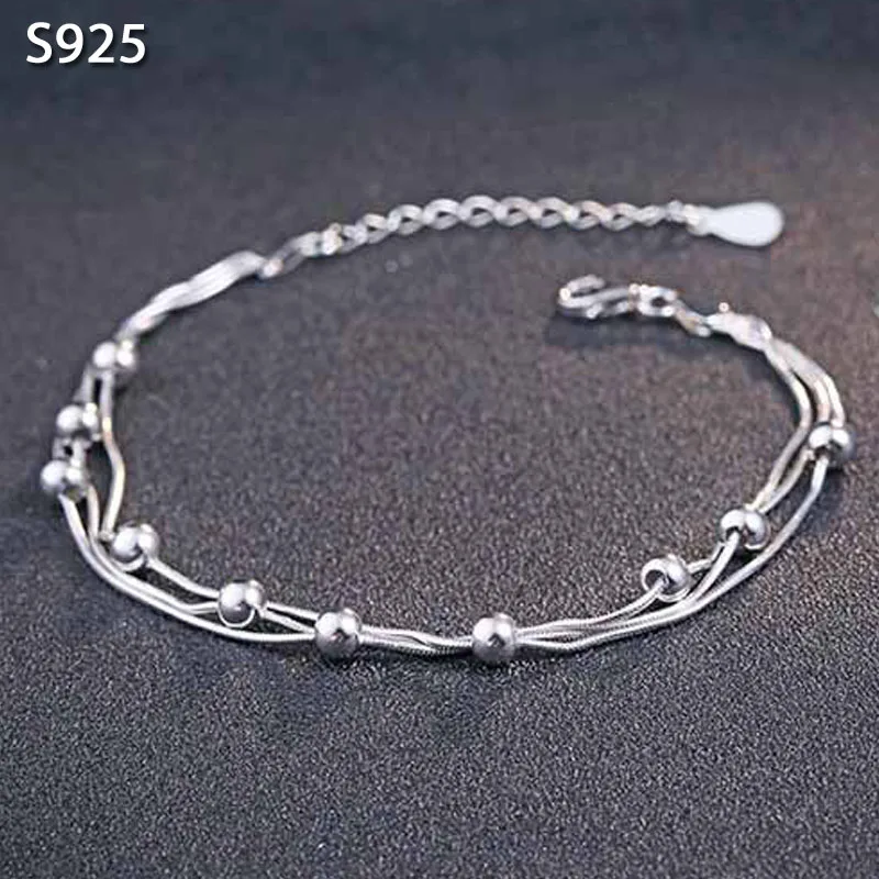 Настоящий чистый цельный 925 пробы серебряный браслет для женщин ювелирные изделия круглые бусины женский ручной браслет браслеты