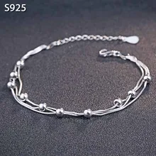 Настоящий чистый цельный 925 пробы серебряный браслет для женщин ювелирные изделия круглые бусины женский ручной браслет браслеты