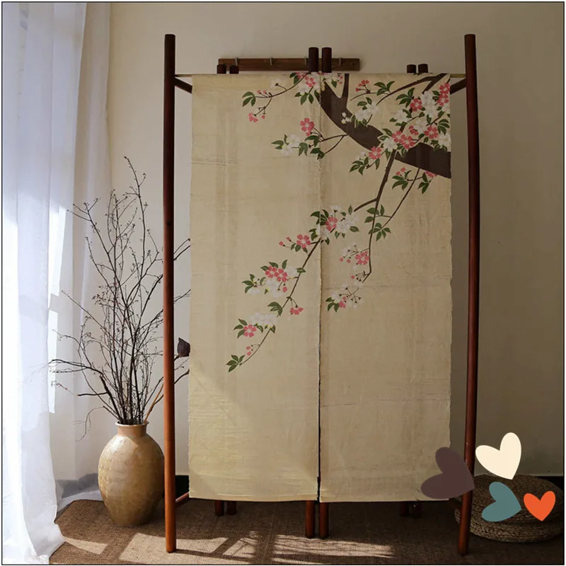 

JUYANG. Hand beige linen. Sakura pattern curtains. Japanese-style door curtain. Size 83 * 150 cm.