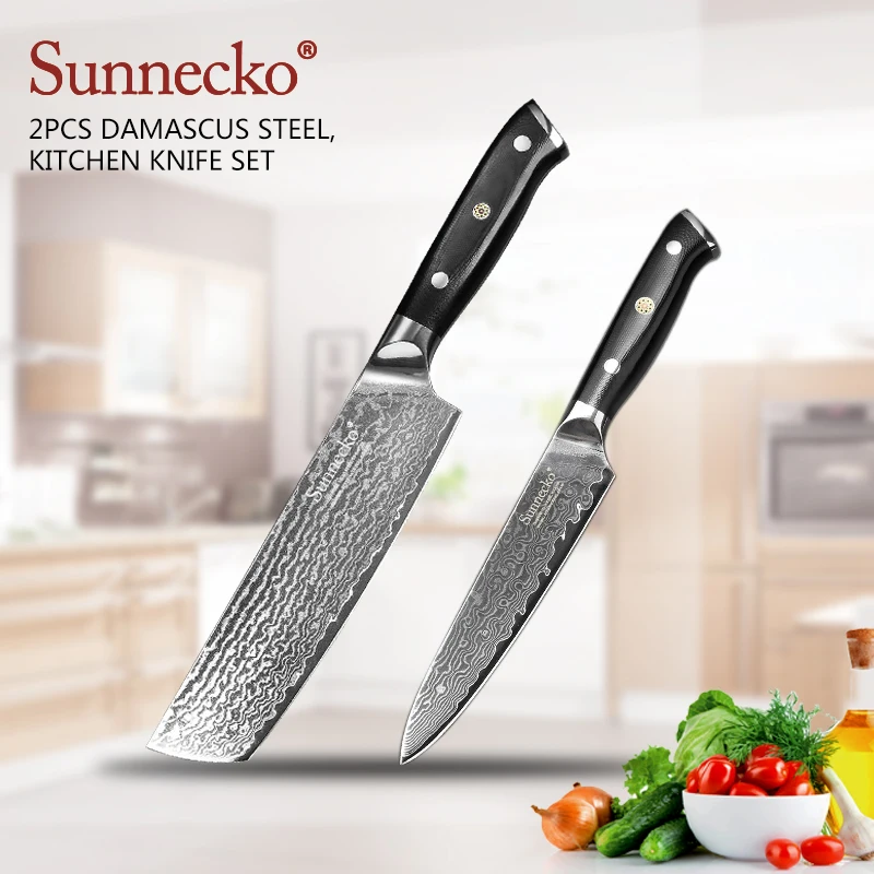 

Sunnecko 2PCS Kitchen Cleaver Utility Chef Knife Set Japanese Damascus VG10 Steel Sharp Strong G10 Handle Xmas Gift Cutting Tool