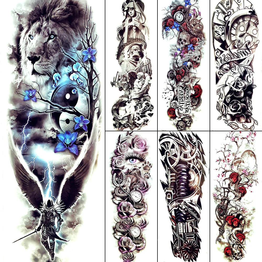 Black And White Large Lion Men Temporary Tattoo Legs Cool Rider Wing