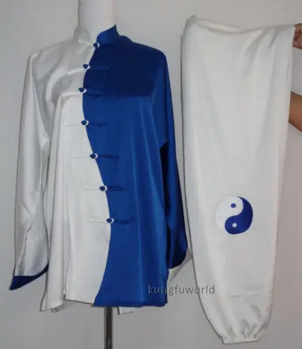 

Tai chi Uniform White/Blue Satin fabric Embroidery Unisex Wushu Clothing Kung fu Outfit Martial arts Wing Chun Suit