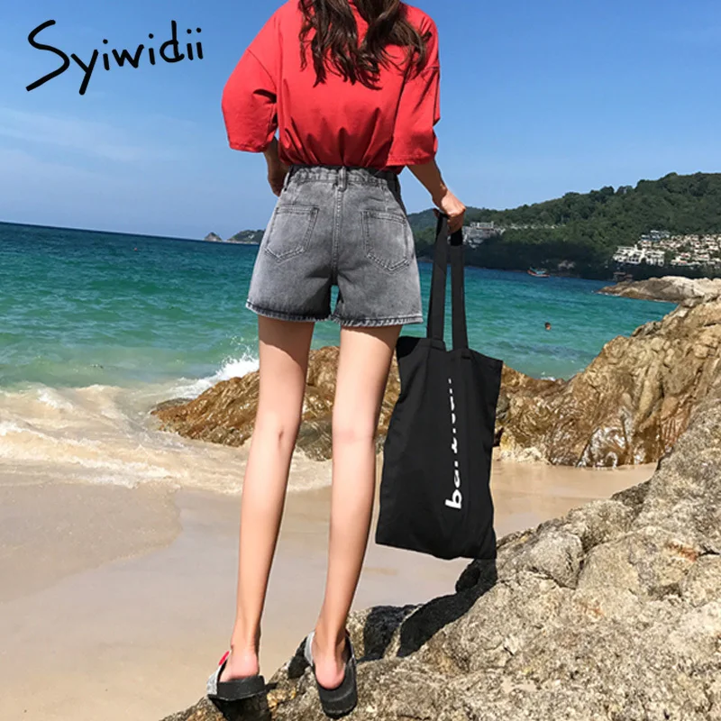 Women’s denim shorts Summer mom jeans high waist shorts Woman 2019 plus size short femme blue gray beige Wide leg shorts jeans