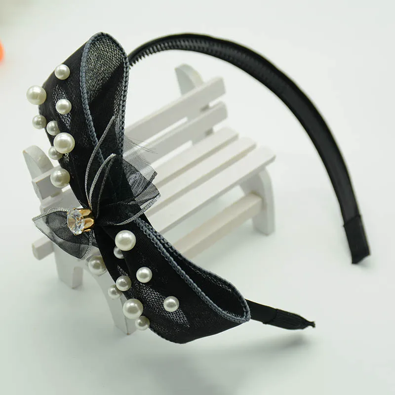 Cute cotton black ribbon bows headbands for women Imitation pearls hair