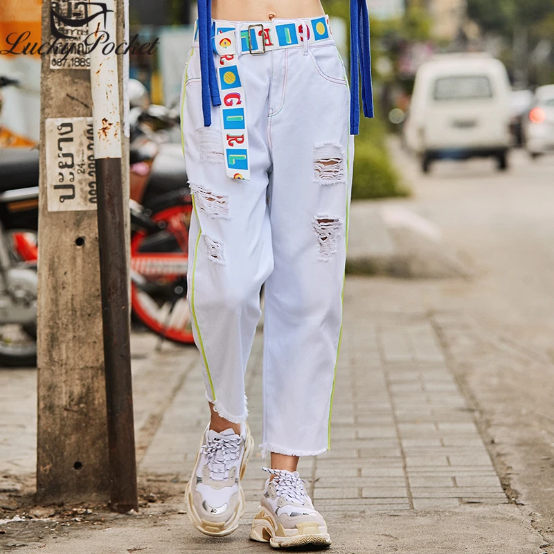 

Ladies Spring Summer New White Casual Jeans Long Pants Female Fashion Hole Plus Size Loose High Waist Straight Trousers Z1082