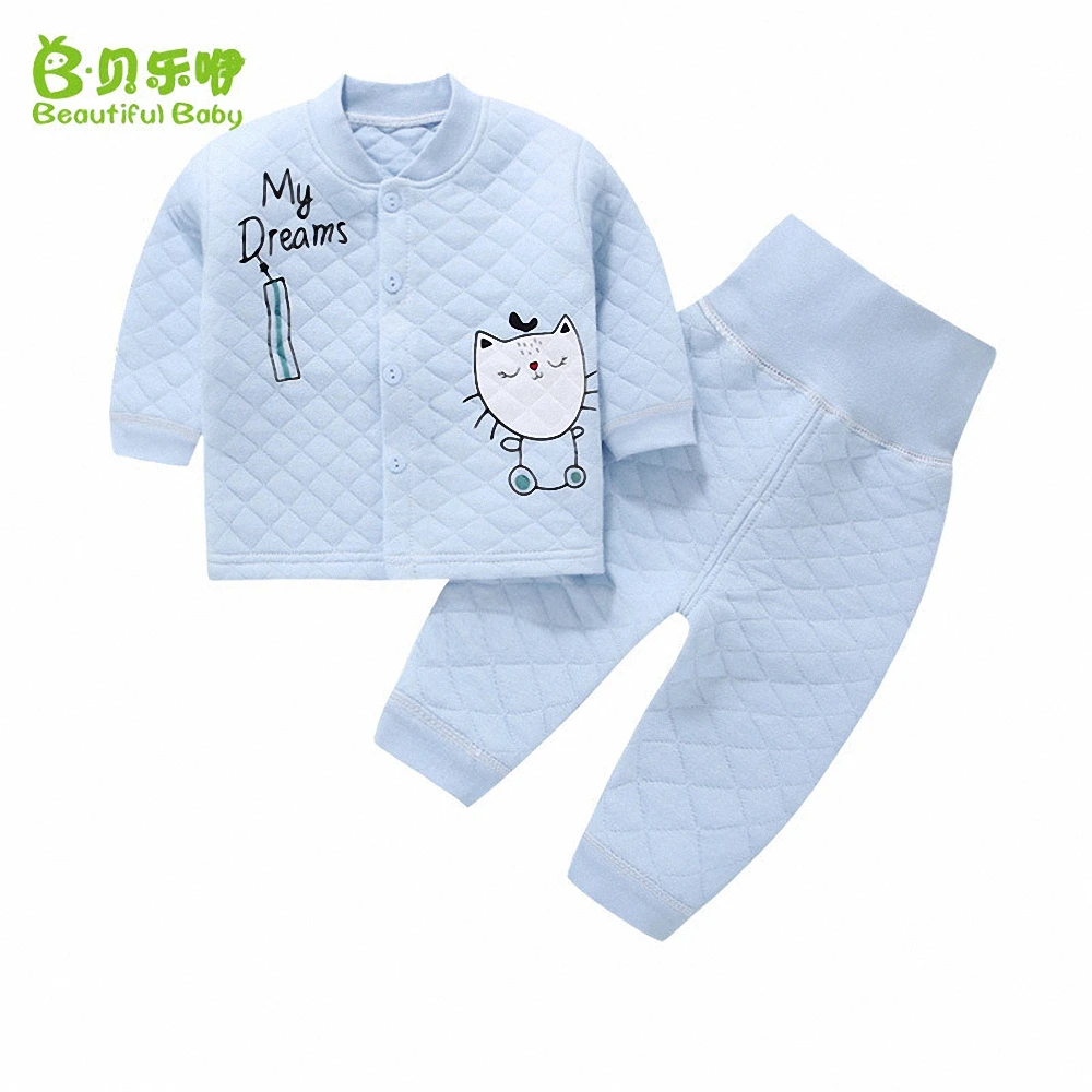 

Autumn Winter Children warm thick clothes baby boy girl 100% cotton 2pcs set long undershirt+high waist pant set for 3-24M baby