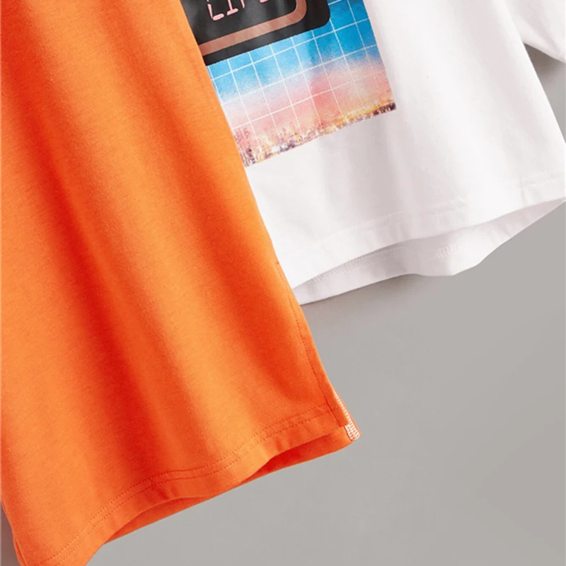 SweatyRocks, смешанный принт, два тона, асимметричная неоновая футболка, уличная одежда, короткий рукав, тройники,, летняя повседневная женская цветная футболка
