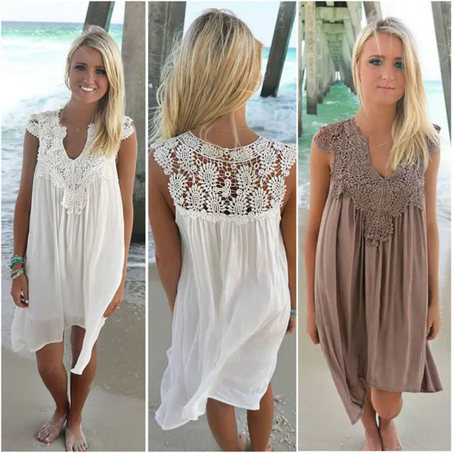 US $8.58 2019 Summer Women Dress Sleeveless Womens Loose Beach Lace Dress High Quality Dresses 8 color plus 