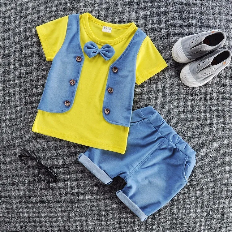 Летняя детская хлопковая одежда для маленьких мальчиков, Детский галстук-бабочка, майка, футболка и шорты, 2 шт./компл. модная одежда для малышей наряды для младенцев - Цвет: BBYZ6kou Yellow