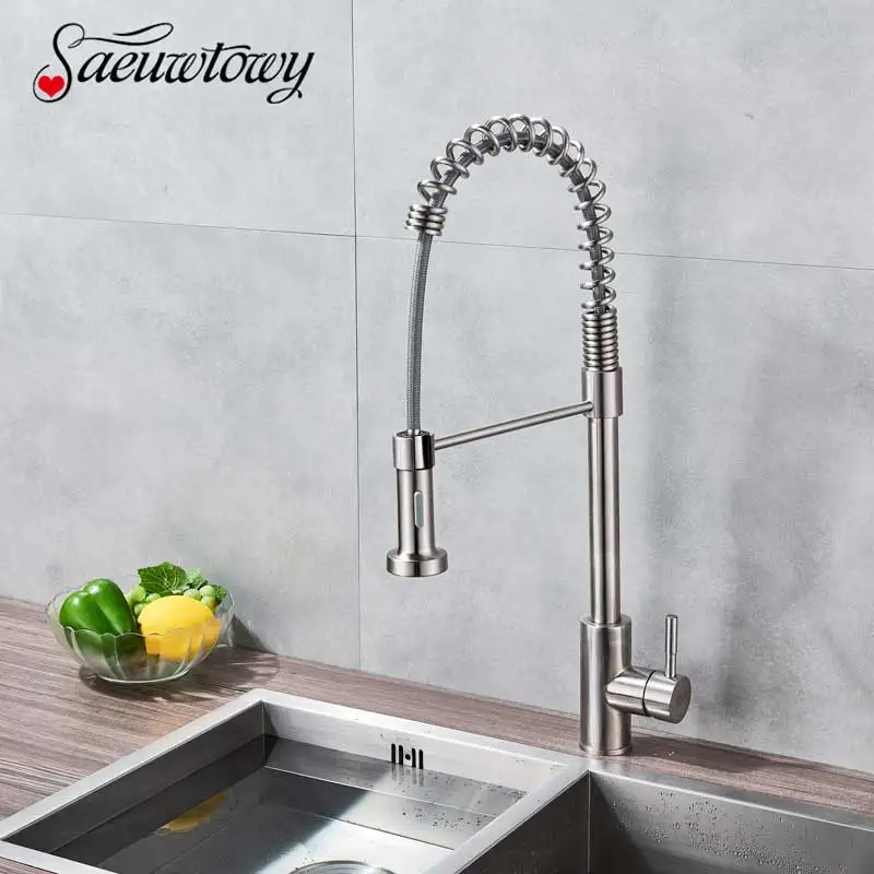 

Saeuwtowy Brushed Nickel Kitchen Spring Faucet Deck Mounted one Hole single Handle Swivel hot and cold switch Mixer Tap