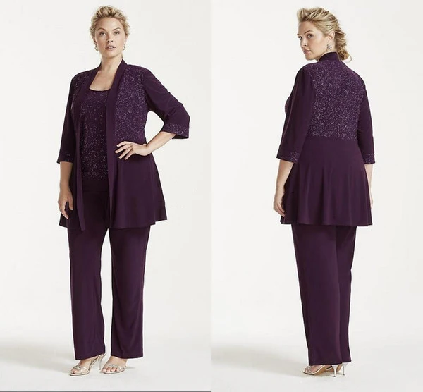 Plus Size Glitter Print Jacket and Pants Set 2018 Purple Chiffon Custom Make Mother of the Bride Groom Pant Suit Cheap