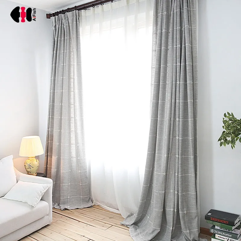 

Simple Solid Plaid Cotton Linen Curtains Grey Coffee Semi Shading Window Treatment Drapes Bedroom Balcony Continas WP215C