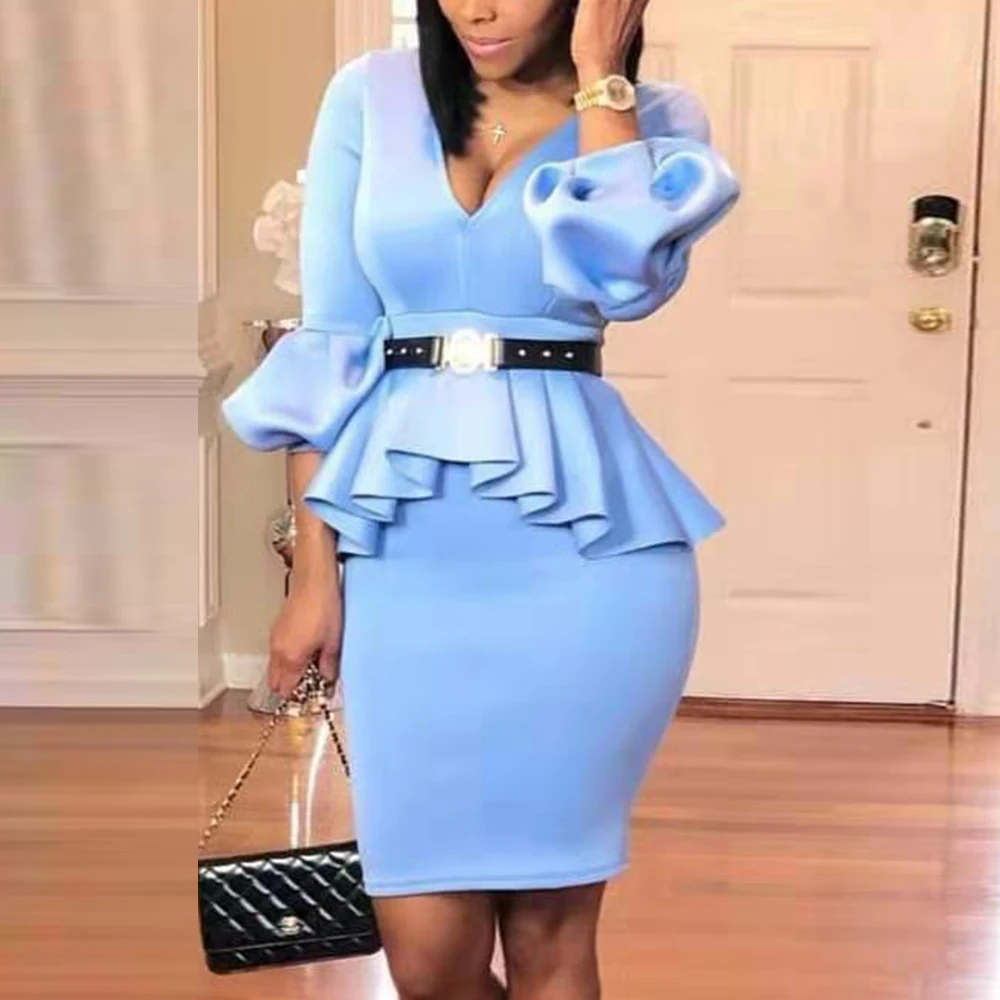 

Female Plus Size Mini Peplum Dress Big Size Fashion 3/4 Lantern Sleeve Ruffles Clothing False Two Piece OL Shift Dress with Belt