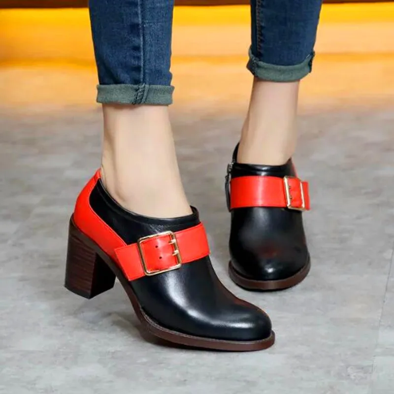 

New Genuine Leather Mix Color Thick High Heels Side Buckle Shoes Fashion Low Platform Lace Up British Style Ladies Black Pumps