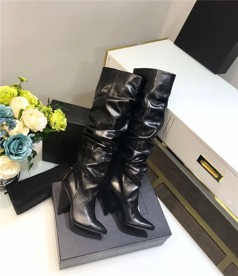 BuonoScarpe Leather Knee High Boots Woman Pointed Toe Strange High Heel Shoes Women Chic Spike Heel Long Pleated Boots New
