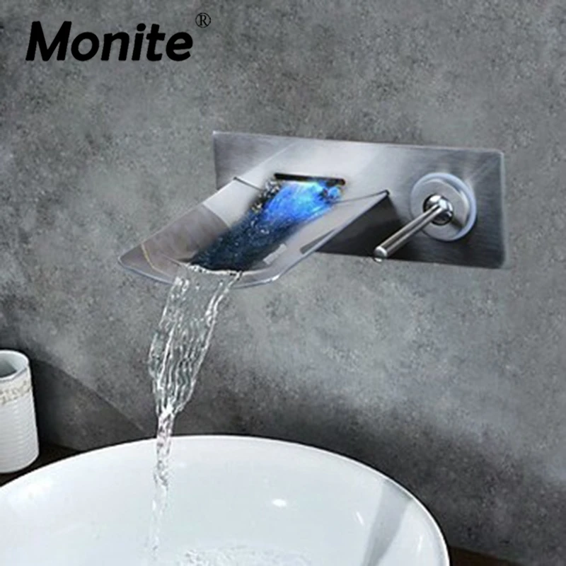 

LED Light Faucets Basin Bathroom Sink Nickel Brushed Wall Mounted 97142 Single Handle Basin Sink Faucets,Mixers & Taps
