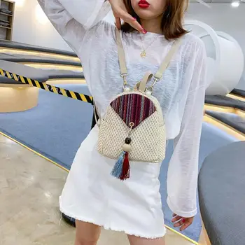 

Ethnic Tassel Pearls Decor Travel Backpacks Women Straw Woven Casual School Knapsack Preppy Style Rucksack Shoulder Bag