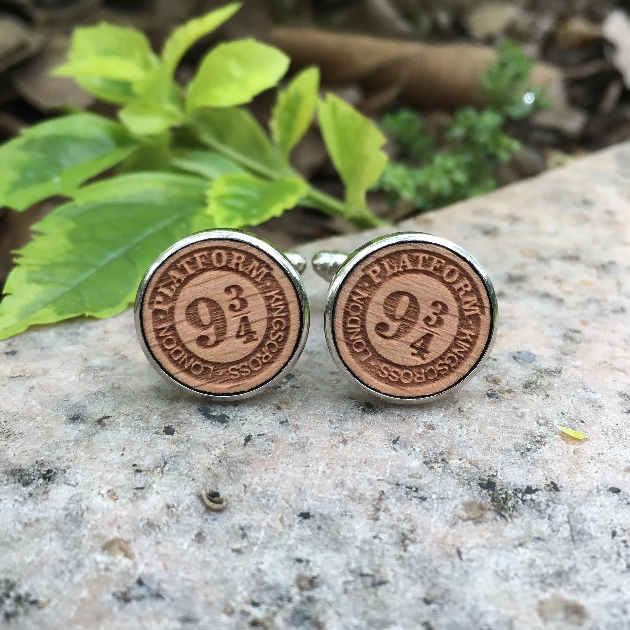

Round Potter Cufflinks Engraved Wooden Jewelry Platform 9 3/4 Deathly Hallows Wooden Cufflink x 1 Pair