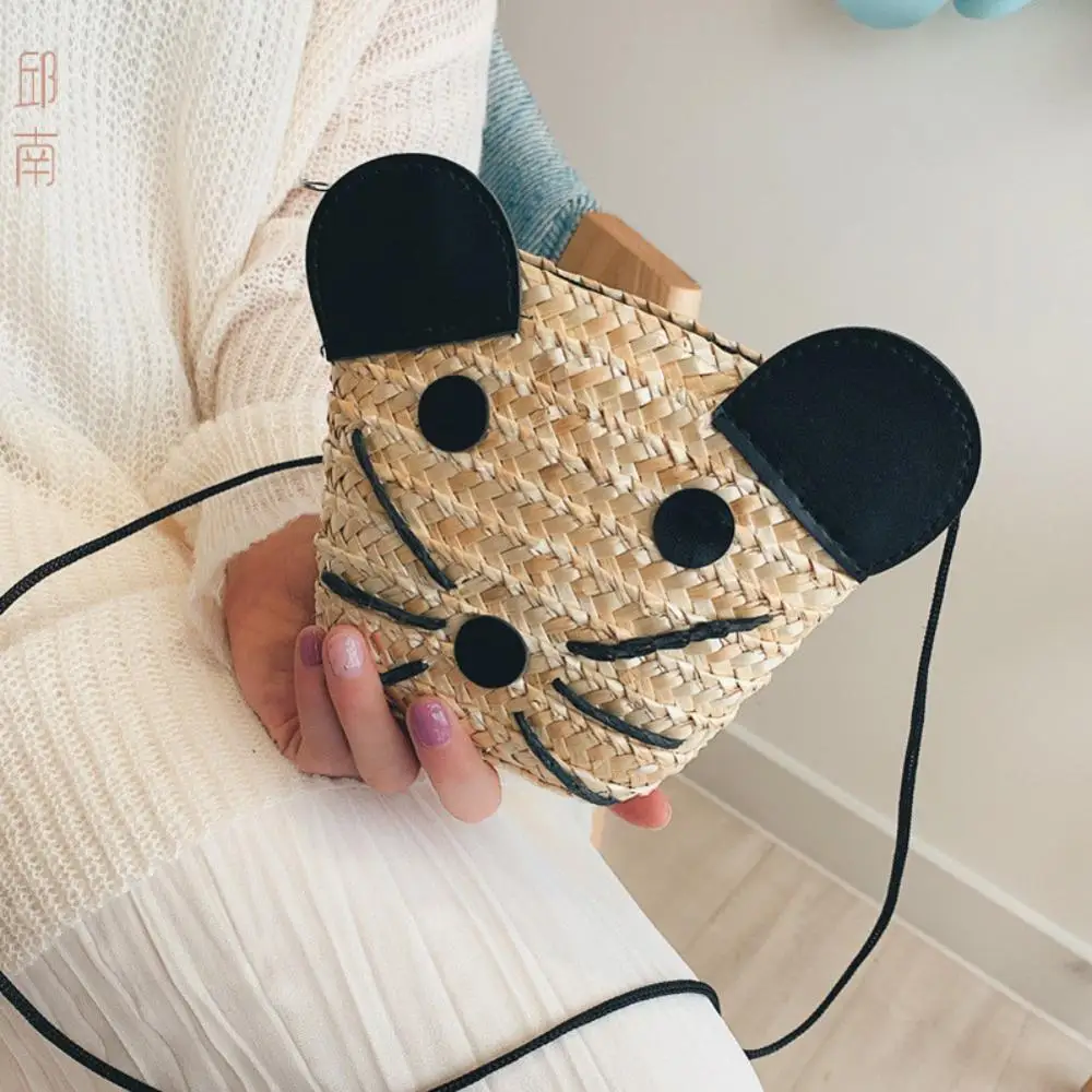 

Kids Cartoon Cat Zipper Cross-body Handbag Fashion Girls Kids Straw Shoulder Messenger Bag
