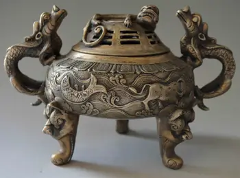 

Collectible Decor Miao Silver Carved Dragon Fish Cattle Incense Burner