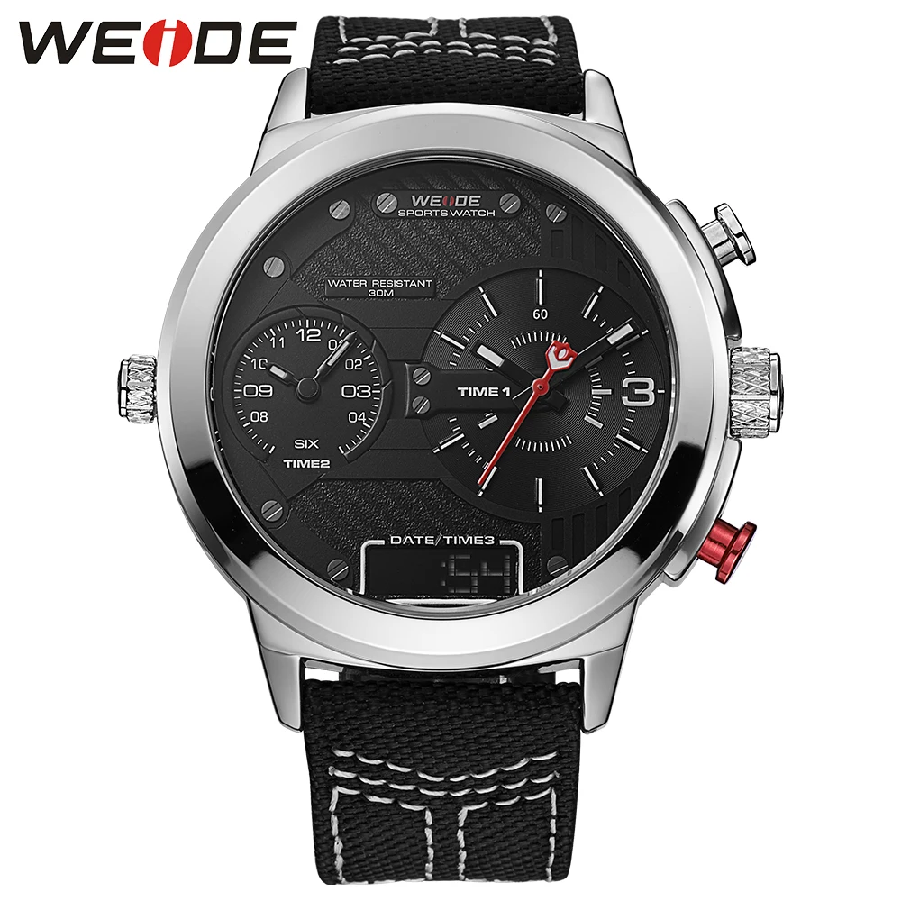 

WEIDE nylon Double time zone round big dial watch quartz men sports watchwater resistant digital clock Dual display LCD watch
