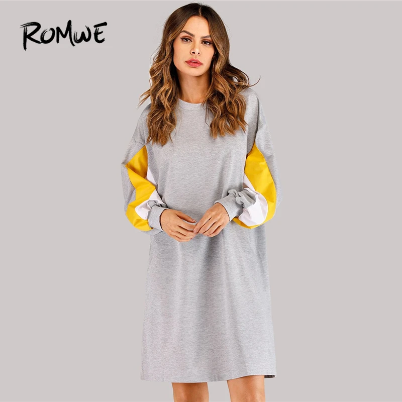

ROMWE Grey Drop Shoulder Colorblock Long Sleeve Dress Women Clothes Autumn Casual Clothing Knee Length Sweatshirt Dress