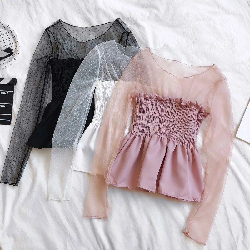 

Women Summer O-neck Basic Ruffles Shirt Vintage Patchwork Elastic Lace Mesh Gauze Dot Voile Slim High Waist Pullover Blouse Tops