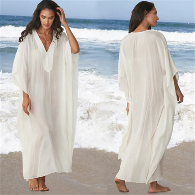 

2019 Women's New Cotton Gown Dress White Solid Color Beach Maxi Long Dress V-neck Bat Sleeve Oversized Dress Holiday Vestidos