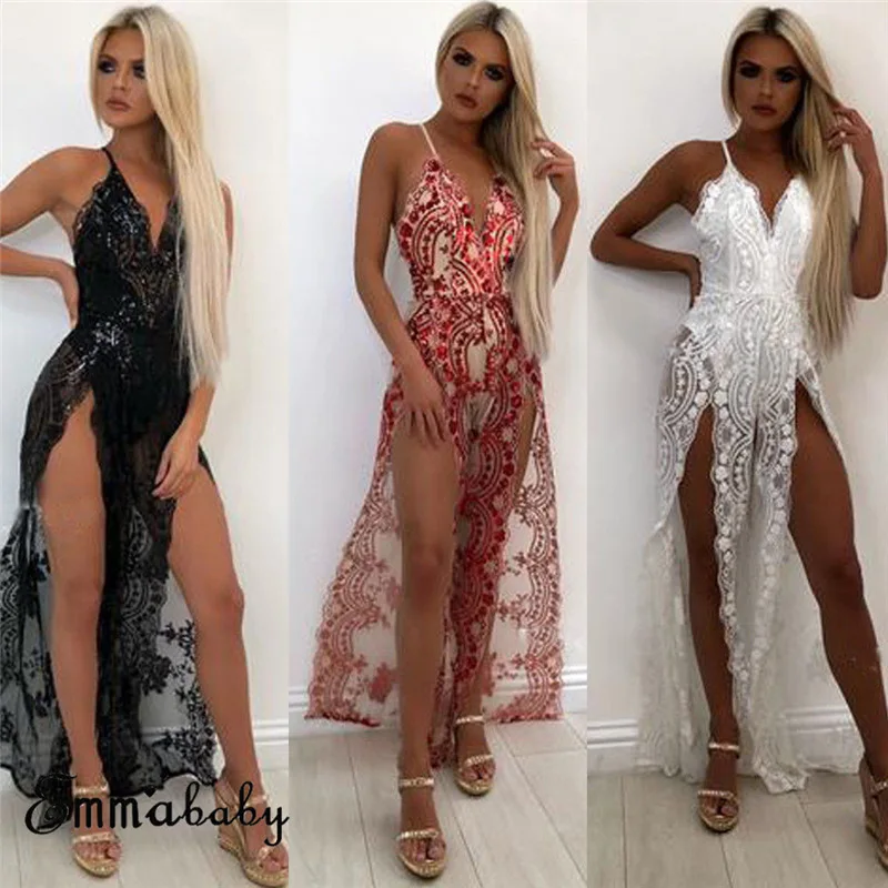 

Sexy Women Lace Sleeveless High Split Gown Party Long Dresses Sexy Mesh Lace Embroidery Maxi Dress