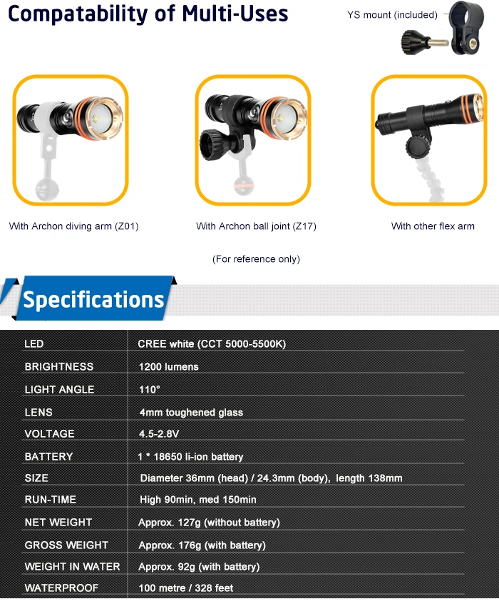 Archon CREE светодиодный светильник-вспышка для дайвинга Snoot Подводный Видео фонарь светильник 18650 перезаряжаемая батарея оборудование D11V II D11V-II/W17VII